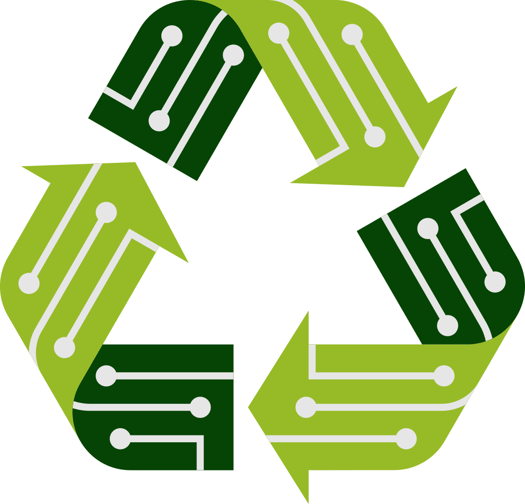 A green and white recycling symbol with electronic circuitry.